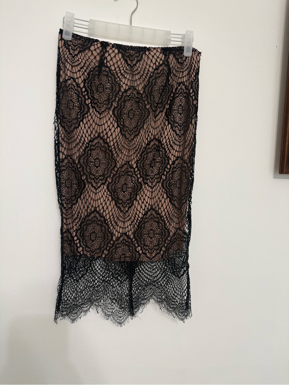Olivaceous Black Lace Overlay Pencil Skirt with Nude Lining